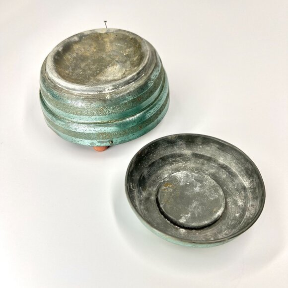 Vtg Blue Metallic Vanity Music Powder Puff Box w Pin-Up Girl Portrait Wood Feet - Picture 4 of 8